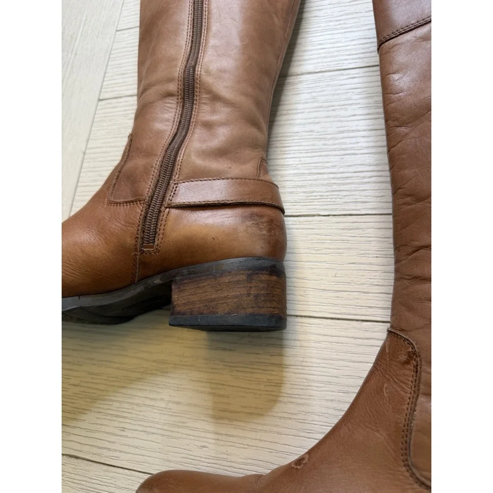 Etienne Aigner Womens Leather Tall Riding Boots Tan Sz 9 M‎ Zip Close Block Heel